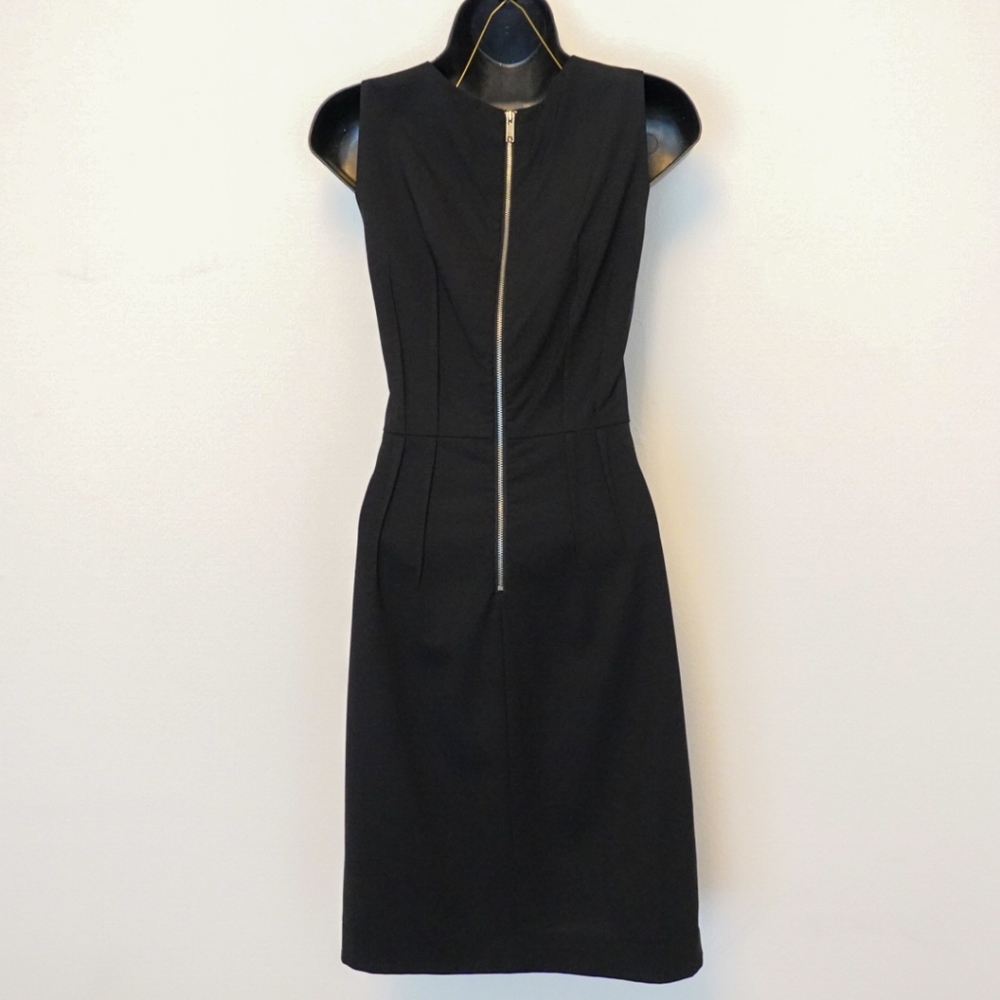 DKNY Black Stretch Wool Tailored Midi Sheath Dress with Exposed Back Zipper - Picture 3 of 8